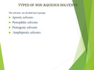 Types of Non-aqueous solvents
The solvents are divided into 4 groups
 Aprotic solvents
 Protophilic solvents
 Protogenic solvents
 Amphiprotic solvents
 