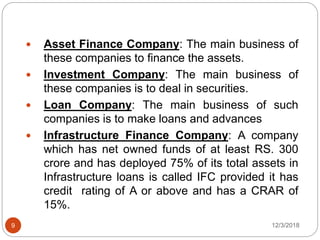 12/3/20189
 Asset Finance Company: The main business of
these companies to finance the assets.
 Investment Company: The main business of
these companies is to deal in securities.
 Loan Company: The main business of such
companies is to make loans and advances
 Infrastructure Finance Company: A company
which has net owned funds of at least RS. 300
crore and has deployed 75% of its total assets in
Infrastructure loans is called IFC provided it has
credit rating of A or above and has a CRAR of
15%.
 