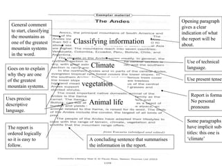 Opening paragraph
  General comment                                                      gives a clear
  to start, classifying                                                indication of what
  the mountains as                                                     the report will be
  one of the greatest     Classifying information                      about.
  mountain systems
  in the word.
                                                                         Use of technical
Goes on to explain
                               Climate                                   language.
why they are one
of the greatest                                                          Use present tense.
mountain systems.           vegetation
                                                                           Report is formal
Uses precise
descriptive                    Animal life                                 No personal
                                                                           pronouns
language.

                                                                         Some paragraphs
The report is                                                            have implicit sub-
ordered logically                                                        titles: this one is
so it is easy to               A concluding sentence that summarises     ‘climate’
follow.                        the information in the report.
 