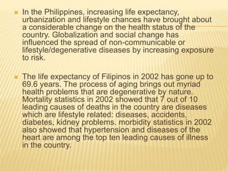  In the Philippines, increasing life expectancy, 
urbanization and lifestyle chances have brought about 
a considerable change on the health status of the 
country. Globalization and social change has 
influenced the spread of non-communicable or 
lifestyle/degenerative diseases by increasing exposure 
to risk. 
 The life expectancy of Filipinos in 2002 has gone up to 
69.6 years. The process of aging brings out myriad 
health problems that are degenerative by nature. 
Mortality statistics in 2002 showed that 7 out of 10 
leading causes of deaths in the country are diseases 
which are lifestyle related: diseases, accidents, 
diabetes, kidney problems. morbidity statistics in 2002 
also showed that hypertension and diseases of the 
heart are among the top ten leading causes of illness 
in the country. 
 