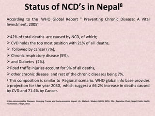 Status of NCD’s in Nepal8
According to the WHO Global Report " Preventing Chronic Disease: A Vital
Investment, 2005’’

42% of total deaths are caused by NCD, of which;
 CVD holds the top most position with 21% of all deaths,
 followed by cancer (7%),
 Chronic respiratory disease (5%),
 and Diabetes (2%).
Road traffic injuries account for 9% of all deaths,
 other chronic disease and rest of the chronic diseases being 7%.
• This composition is similar to Regional scenario. WHO global info base provides
a projection for the year 2030, which suggest a 66.2% increase in deaths caused
by CVD and 71.4% by Cancer.

8-Non-communicable Diseases: Emerging Trends and Socio-economic impact ,Dr. Mahesh Maskey MBBS, MPH, DSc. ,Executive Chair, Nepal Public Health
Foundation,17 Sept, 2010.
 