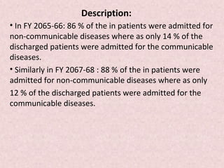 Description:
• In FY 2065-66: 86 % of the in patients were admitted for
non-communicable diseases where as only 14 % of the
discharged patients were admitted for the communicable
diseases.
• Similarly in FY 2067-68 : 88 % of the in patients were
admitted for non-communicable diseases where as only
12 % of the discharged patients were admitted for the
communicable diseases.
 