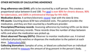 17
OTHER METHODS OF CALCULATING ADHERENCE
Drug adherence rate (DAR): pills to be counted by a staff person. This creates a
proportional value between 0 and 100. The goal is over 80% for chronic disease, 90%
for tuberculosis, and 100% in antiretroviral therapy for HIV-AIDS.
Medication diaries: A written/electronic record kept with the date & time.
Pill counts: Counting doses B/W two scheduled visits. The patient provides the
medication, and they are then counted by a healthcare provider.
Prescription/Pharmacy records: Assessing adherence by tracking refills can be done
by obtaining pharmacy records. These records show the number of days between
refills and when the medication was picked up.
Direct observed Therapy (DOTs): Observer to monitor medication use. A trained
individual physically watches or dispenses the medication to the patient at each
dose. Tuberculosis/HIV.
Collecting biomarkers: Samples of urine, or blood are collected from an individual
and then tested to measure the amount of drug present in the person’s body.
 