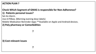 ACTION PLAN ?
Check Which Segment of GMAS is responsible for Non-Adherence?
1) Patients personal issues?
Set An Alarm.
Use A Pillbox. (Morning evening dose labels)
Mobile Medication Reminder Apps **Available on Apple and Android devices.
2) Poly pharmacy or Comorbidities
?
3) Cost relevant issues
?
 