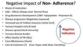 Negative impact of Non- Adherence?
6
• Waste of medication
• Side – effects (Always exist- Normal flora)
• Drug Resistance-Development (1987- lipopeptides - Polymyxin-B)
• Disease progression (Negatively improved)
• Increased use of medical resources (sehat Card)
• Increase hospital visits & load
• Disease spread (Herd immunity)
• Increase disease burden
• Affect Quality of life (QoL)
• Cost effectiveness (Harm)
• Cost of treatment (?) (Fuel, Paper, Staff, Beds, Electricity)
Negative
Indicators
 