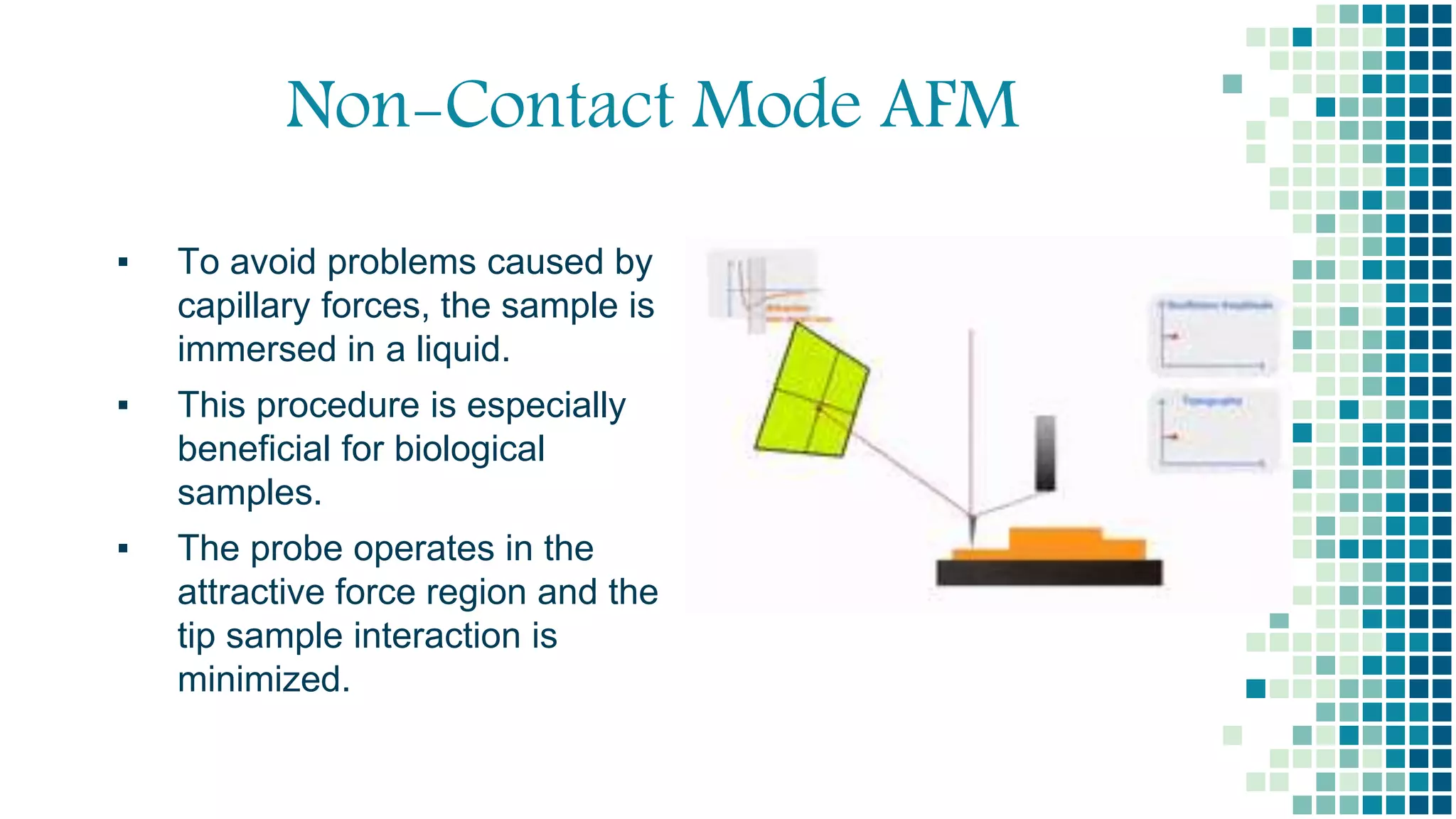 Non-Contact Mode AFM
▪ To avoid problems caused by
capillary forces, the sample is
immersed in a liquid.
▪ This procedure is especially
beneficial for biological
samples.
▪ The probe operates in the
attractive force region and the
tip sample interaction is
minimized.
 