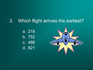 3. Which flight arrives the earliest?
a. 218
b. 752
c. 486
d. 821
 