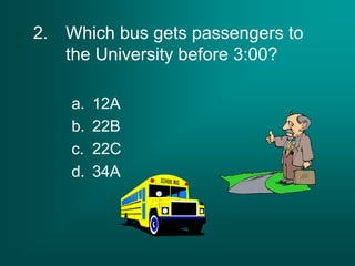 2. Which bus gets passengers to
the University before 3:00?
a. 12A
b. 22B
c. 22C
d. 34A
 