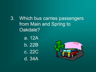 3. Which bus carries passengers
from Main and Spring to
Oakdale?
a. 12A
b. 22B
c. 22C
d. 34A
 
