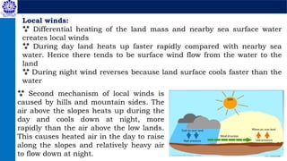 Local winds:
 Differential heating of the land mass and nearby sea surface water
creates local winds
 During day land heats up faster rapidly compared with nearby sea
water. Hence there tends to be surface wind flow from the water to the
land
 During night wind reverses because land surface cools faster than the
water
 Second mechanism of local winds is
caused by hills and mountain sides. The
air above the slopes heats up during the
day and cools down at night, more
rapidly than the air above the low lands.
This causes heated air in the day to raise
along the slopes and relatively heavy air
to flow down at night.
 