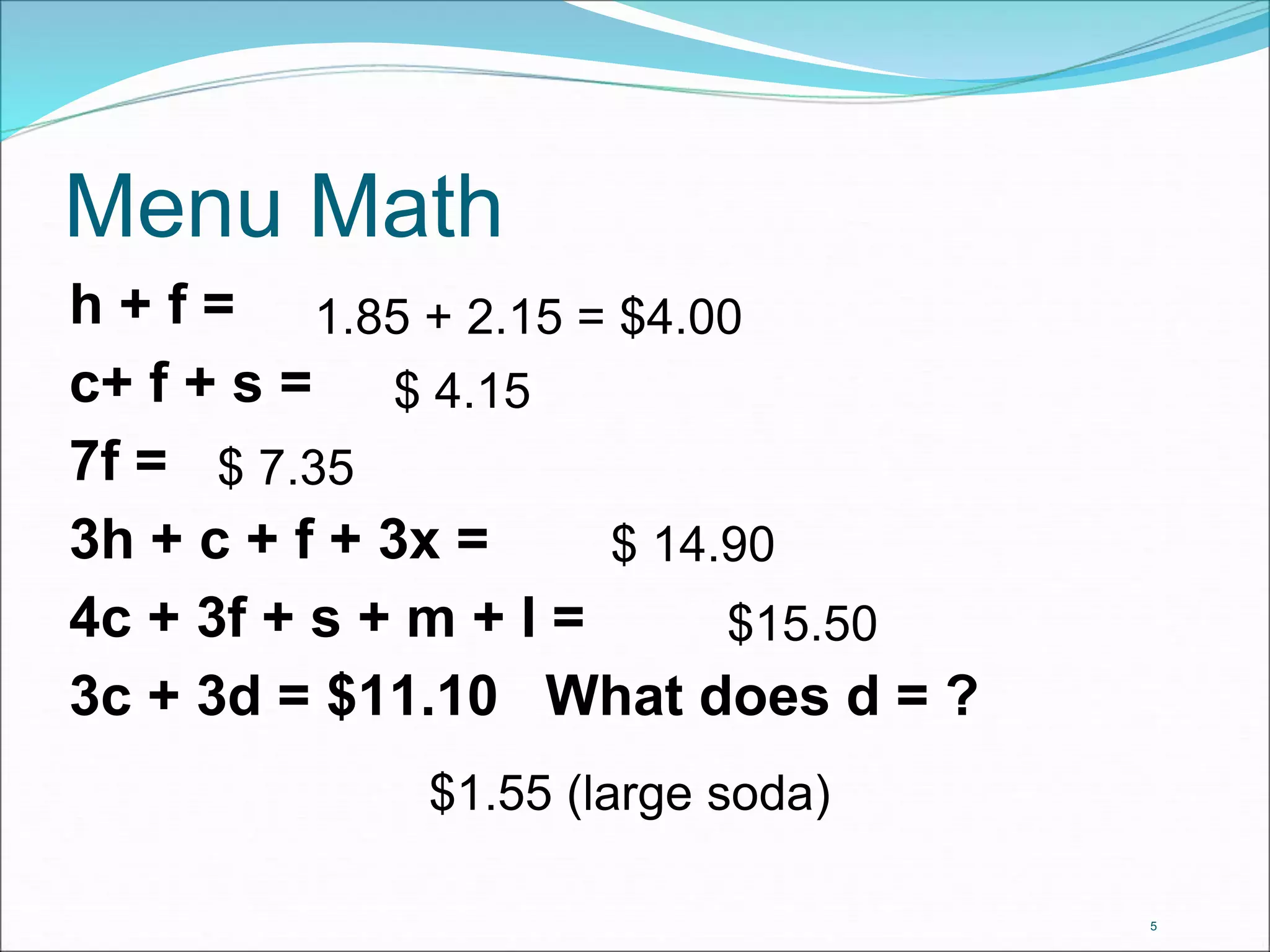 Menu Math 
h + f = 
1.85 + 2.15 = $4.00 
c+ f + s = 
$ 4.15 
7f = 
$ 7.35 
3h + c + f + 3x = 
$ 14.90 
4c + 3f + s + m + l = 
$15.50 
3c + 3d = $11.10 What does d = ? 
$1.55 (large soda) 
5 
 