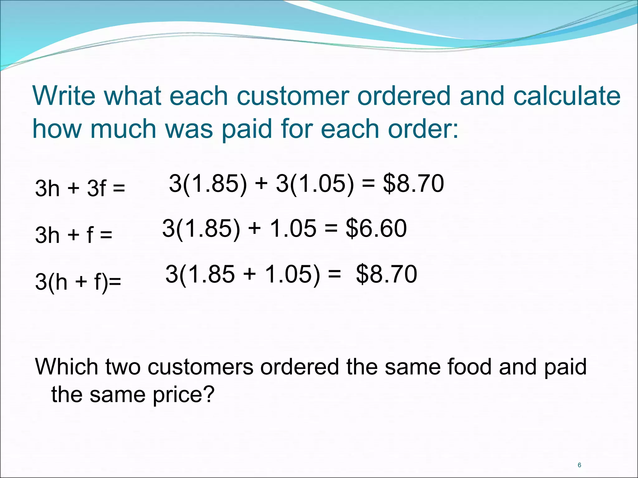Write what each customer ordered and calculate 
how much was paid for each order: 
6 
3h + 3f = 
3h + f = 
3(h + f)= 
3(1.85) + 3(1.05) = $8.70 
3(1.85) + 1.05 = $6.60 
3(1.85 + 1.05) = $8.70 
Which two customers ordered the same food and paid 
the same price? 
 