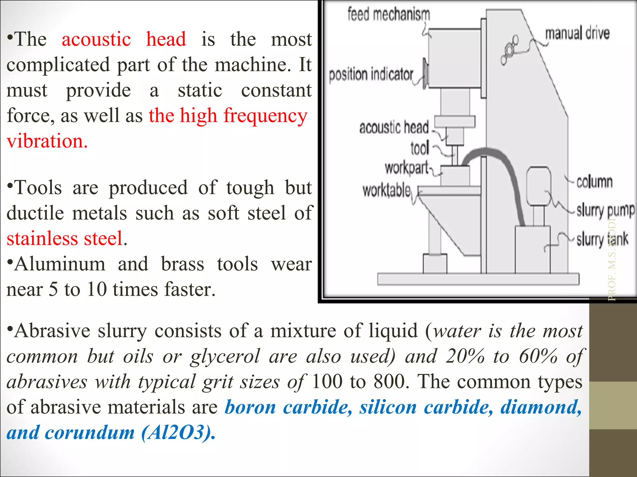 •The acoustic head is the most
complicated part of the machine. It
must provide a static constant
force, as well as the high frequency
vibration.
•Tools are produced of tough but
ductile metals such as soft steel of
stainless steel.
•Aluminum and brass tools wear
near 5 to 10 times faster.
•Abrasive slurry consists of a mixture of liquid (water is the most
common but oils or glycerol are also used) and 20% to 60% of
abrasives with typical grit sizes of 100 to 800. The common types
of abrasive materials are boron carbide, silicon carbide, diamond,
and corundum (Al2O3).
PROF.M.S.MODI
 