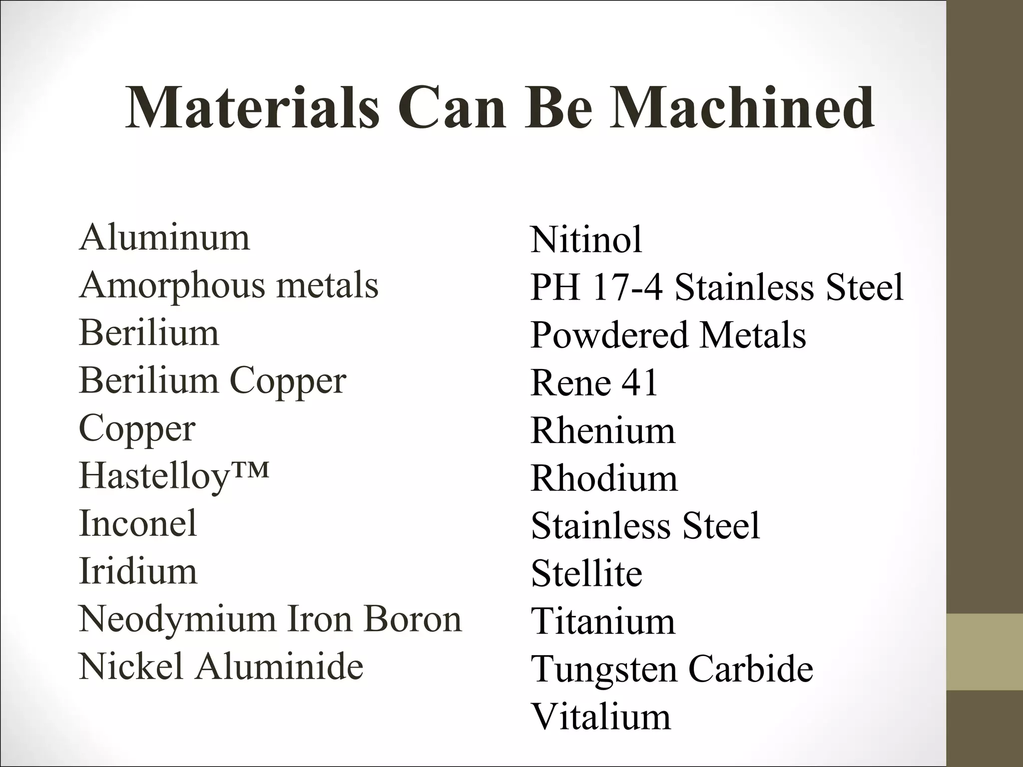 Materials Can Be Machined
Aluminum
Amorphous metals
Berilium
Berilium Copper
Copper
Hastelloy™
Inconel
Iridium
Neodymium Iron Boron
Nickel Aluminide
Nitinol
PH 17-4 Stainless Steel
Powdered Metals
Rene 41
Rhenium
Rhodium
Stainless Steel
Stellite
Titanium
Tungsten Carbide
Vitalium
 