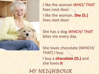 I like the woman WHO/ THAT
   lives next door.
   I like the woman. She (S.)
   lives next door.

   She has a dog WHICH/ THAT
   bites me every day.

   She loves chocolate (WHICH/
   THAT) I buy.
   I buy a chocolate (O.) and
   she loves it
MY NEIGHBOUR
 
