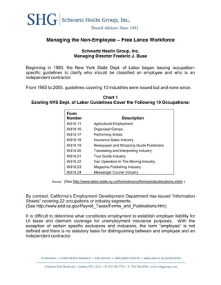 Managing the Non-Employee – Free Lance Workforce

                                   Schwartz Heslin Group, Inc.
                                Managing Director Frederic J. Buse

Beginning in 1985, the New York State Dept. of Labor began issuing occupation-
specific guidelines to clarify who should be classified an employee and who is an
independent contractor.

From 1985 to 2005, guidelines covering 10 industries were issued but and none since.

                                     Chart 1
   Existing NYS Dept. of Labor Guidelines Cover the Following 10 Occupations:

                           Form
                           Number                            Description
                           IA318.11         Agricultural Employment
                           IA318.16         Organized Camps
                           IA318.17         Performing Artists
                           IA318.18         Insurance Sales Industry
                           IA318.19         Newspaper and Shopping Guide Publishers
                           IA318.20         Translating and Interpreting Industry
                           IA318.21         Tour Guide Industry
                           IA318.22         Van Operators In The Moving Industry
                           IA318.23         Magazine Publishing Industry
                           IA318.24         Messenger Courier Industry

                Source:   (See http://www.labor.state.ny.us/formsdocs/ui/formsandpublications.shtm ).



By  contrast,  California’s  Employment  Development  Department  has  issued  “Information  
Sheets”  covering  22  occupations  or  industry  segments.  
(See http://www.edd.ca.gov/Payroll_Taxes/Forms_and_Publications.htm)

It is difficult to determine what constitutes employment to establish employer liability for
UI taxes and claimant coverage for unemployment insurance purposes. With the
exception   of   certain   specific   exclusions   and   inclusions,   the   term   “employee”   is   not  
defined and there is no statutory basis for distinguishing between and employee and an
independent contractor.
 