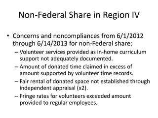 Non-Federal Share in Region IV
• Concerns and noncompliances from 6/1/2012
through 6/14/2013 for non-Federal share:
– Volunteer services provided as in-home curriculum
support not adequately documented.
– Amount of donated time claimed in excess of
amount supported by volunteer time records.
– Fair rental of donated space not established through
independent appraisal (x2).
– Fringe rates for volunteers exceeded amount
provided to regular employees.
 