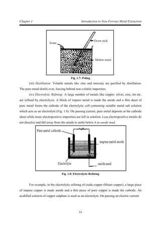 11
Chapter 1 Introduction to Non-Ferrous Metal Extraction
Fig. 1.7: Poling
(iii) Distillation: Volatile metals like zinc and mercury are purified by distillation.
The pure metal distils over, leaving behind non-volatile impurities.
(iv) Electrolytic Refining: A large number of metals like copper, silver, zinc, tin etc.
are refined by electrolysis. A block of impure metal is made the anode and a thin sheet of
pure metal forms the cathode of the electrolytic cell containing suitable metal salt solution
which acts as an electrolyte (Fig. 1.8). On passing current, pure metal deposits at the cathode
sheet while more electropositive impurities are left in solution. Less electropositive metals do
not dissolve and fall away from the anode to settle below it as anode mud.
Fig. 1.8: Electrolytic Refining
For example, in the electrolytic refining of crude copper (blister copper), a large piece
of impure copper is made anode and a thin piece of pure copper is made the cathode. An
acidified solution of copper sulphate is used as an electrolyte. On passing an electric current
 