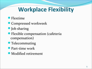 Workplace Flexibility
Flextime
Compressed workweek
Job sharing
Flexible compensation (cafeteria
compensation)
Telecommuting
Part-time work
Modified retirement
5
 