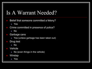 Is A Warrant Needed?
   Belief that someone committed a felony?
        Yes
   Crime committed in presence of police?
        No
   Garbage cans
        Yes (unless garbage has been taken out)
   Drug test
        No
   Vehicle
        No (even things in the vehicle)
   Wiretap
        Yes
 