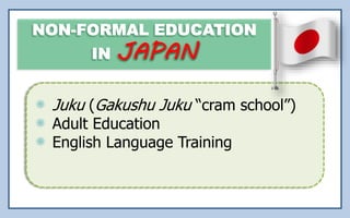 Juku (Gakushu Juku “cram school”)
Adult Education
English Language Training
 