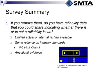 Survey Summary 
5.If you remove them, do you have reliability data that you could share indicating whether there is or is not a reliability issue? 
Limited actual or internal testing available 
Some reliance on industry standards 
IPC 6012, Class 3 
Anecdotal evidence 
Example of an internal test coupon used for NFP evaluation  