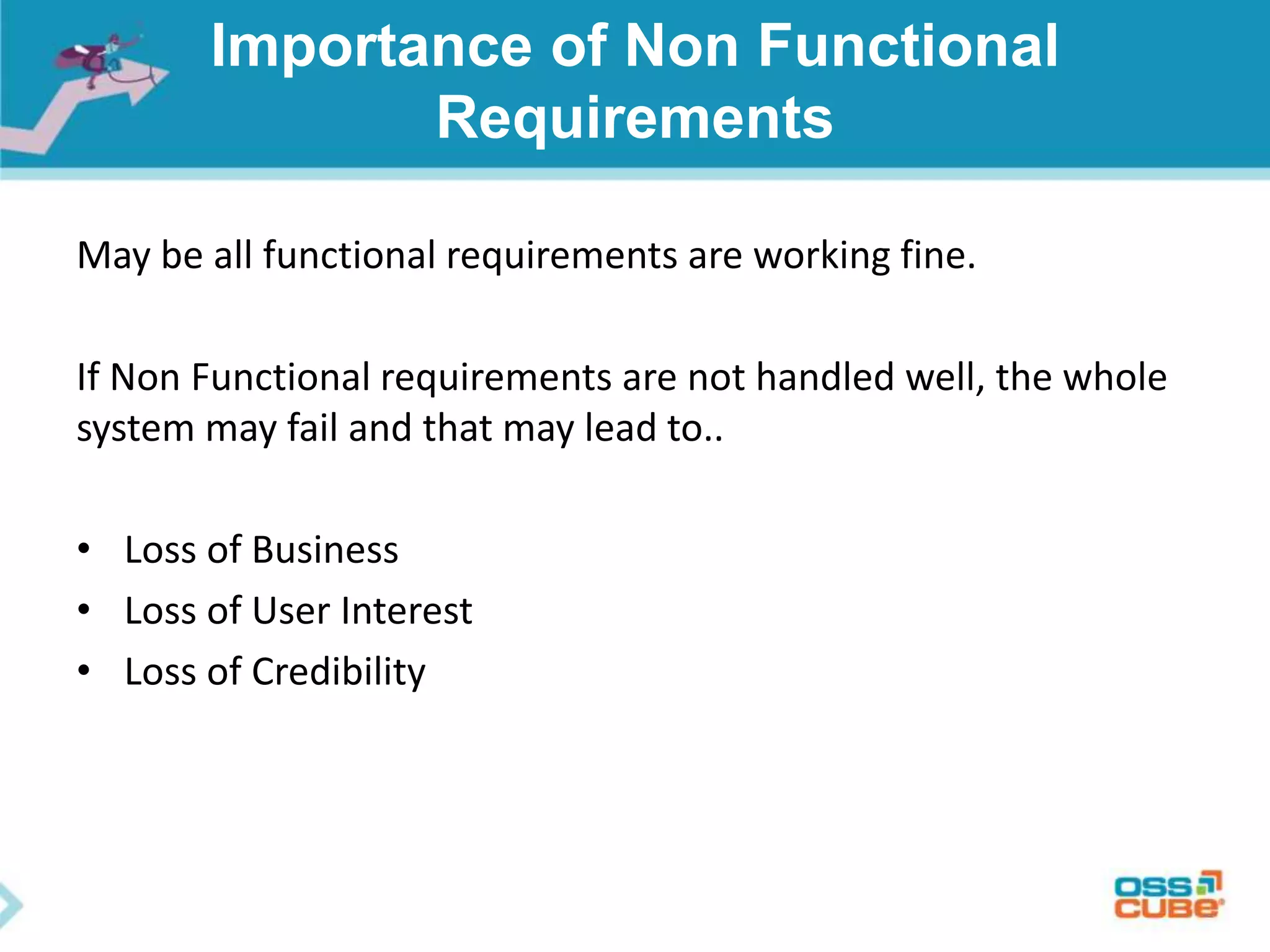 Importance of Non Functional
Requirements
May be all functional requirements are working fine.
If Non Functional requirements are not handled well, the whole
system may fail and that may lead to..
• Loss of Business
• Loss of User Interest
• Loss of Credibility
 