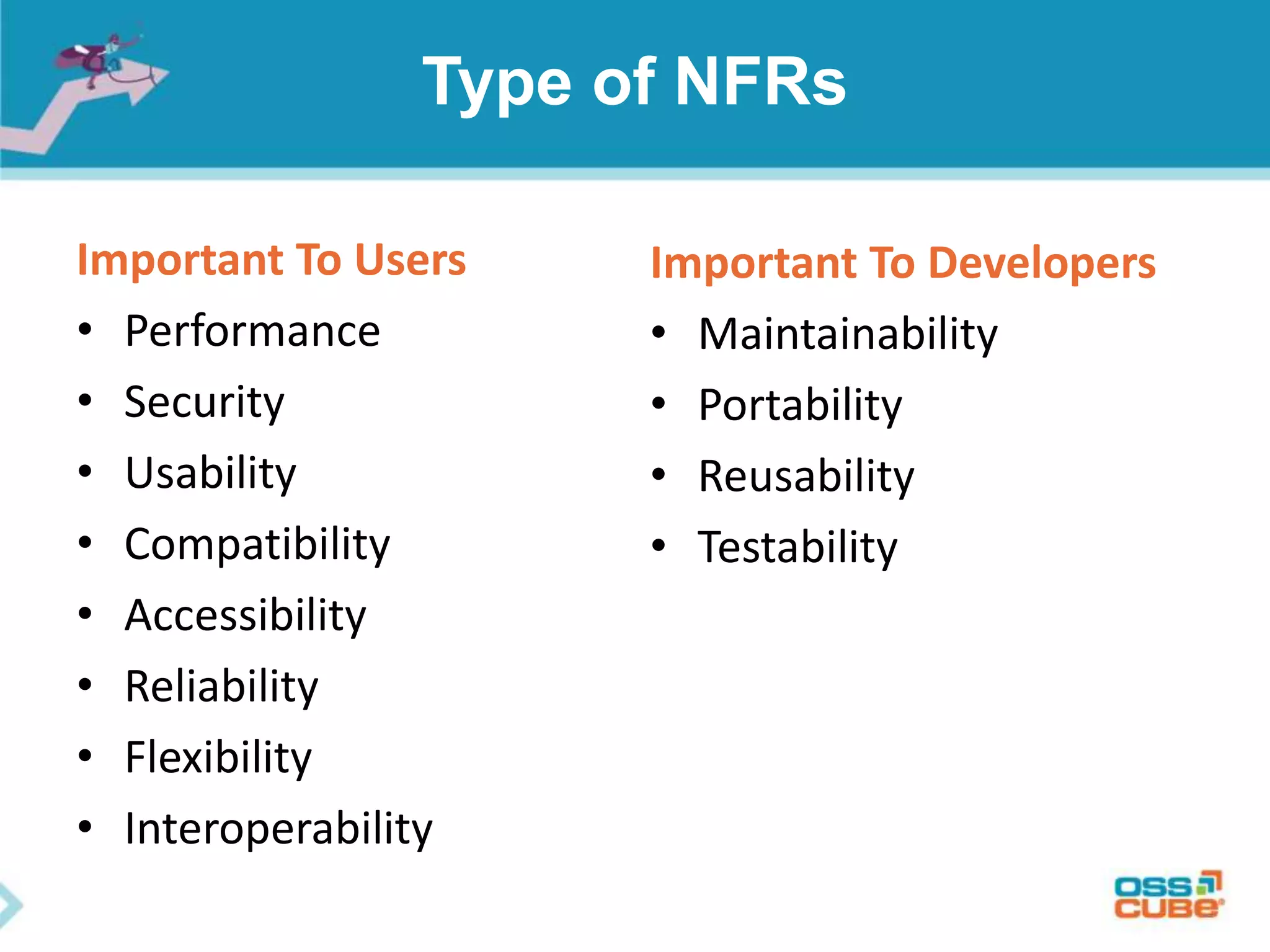 Type of NFRs
Important To Users
• Performance
• Security
• Usability
• Compatibility
• Accessibility
• Reliability
• Flexibility
• Interoperability
Important To Developers
• Maintainability
• Portability
• Reusability
• Testability
 