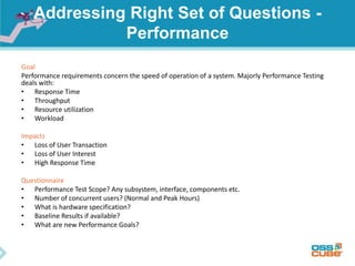 Addressing Right Set of Questions -
Performance
Goal
Performance requirements concern the speed of operation of a system. Majorly Performance Testing
deals with:
• Response Time
• Throughput
• Resource utilization
• Workload
Impacts
• Loss of User Transaction
• Loss of User Interest
• High Response Time
Questionnaire
• Performance Test Scope? Any subsystem, interface, components etc.
• Number of concurrent users? (Normal and Peak Hours)
• What is hardware specification?
• Baseline Results if available?
• What are new Performance Goals?
 