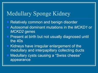 Medullary Sponge Kidney Relatively common and benign disorder Autosomal dominant mutations in the  MCKD1  or  MCKD2  genes  Present at birth but not usually diagnosed until the 40s Kidneys have irregular enlargement of the medullary and interpapillary collecting ducts Medullary cysts causing a “Swiss cheese” appearance 