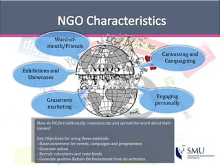 NGO Characteristics <br />Engaging personally<br />Word-of-mouth/Friends<br />Exhibitions and Showcases<br />Grassroots ma...