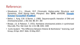 Reference:
• Woodcock, C.L.; Ghosh, R.P. Chromatin Higher-order Structure and
Dynamics. Gold Spring Harb. Perspect. Biol. 2010, a000296. [Google
Scholar] [CrossRef] [PubMed]
• Bekhor, I., Kung, G.M. & Bonner, J. (1969). Sequence-specific interaction of DNA and
chromosomal protein. J. Mol. Biol. 39, 351– 364
• Bhorjee, J.S. & Pederson, T. (1972). Nonhistone chromosomal proteins in synchronized
HeLa cells. Proc. Natl. Acad. Sci. U.S.A. 69, 3345– 3349
• Curtis Seubert. “The Difference Between Histone & Nonhistone.” Sciencing. Leaf
Group, 24 Apr. 2017. Web. 15 May 2017.
 