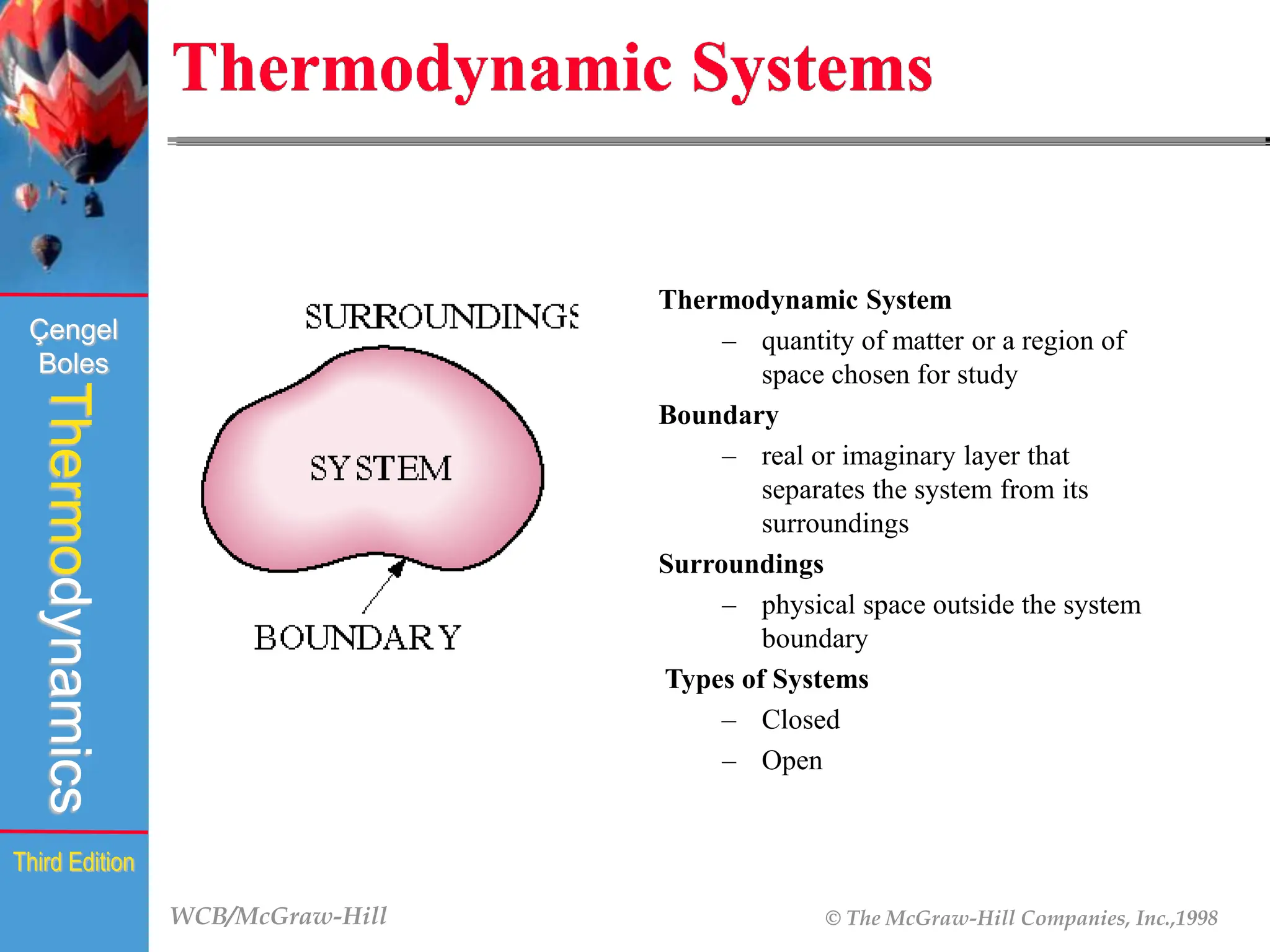 WCB/McGraw-Hill © The McGraw-Hill Companies, Inc.,1998
Thermodynamics
Çengel
Boles
Third Edition
Thermodynamic Systems
Thermodynamic System
– quantity of matter or a region of
space chosen for study
Boundary
– real or imaginary layer that
separates the system from its
surroundings
Surroundings
– physical space outside the system
boundary
Types of Systems
– Closed
– Open
 