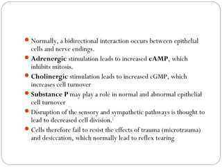 Normally, a bidirectional interaction occurs between epithelial
cells and nerve endings.
Adrenergic stimulation leads to increased cAMP, which
inhibits mitosis.
Cholinergic stimulation leads to increased cGMP, which
increases cell turnover
Substance P may play a role in normal and abnormal epithelial
cell turnover
Disruption of the sensory and sympathetic pathways is thought to
lead to decreased cell division.[
Cells therefore fail to resist the effects of trauma (microtrauma)
and desiccation, which normally lead to reflex tearing
 
