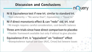 Discussion and Conclusions
NI & Equivalence test if new trt. similar to standard trt.
Non-inferiority = “No worse than”; Equivalence = “Equal to”
NI if direct monotonic effect & can “redo” std. trt. trial
NI margin requires careful consideration, cost-benefit balance
Three arm trials since have direct comparison to placebo
Flexible framework available but only if ethical to give placebo
Equivalence if trt. is “equivalent” on “indirect” effect
Bioequivalence typical use-case (AUC, Cmax) but beware issues
 