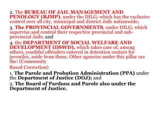 2. The BUREAU OF JAIL MANAGEMENT AND
PENOLOGY (BJMP), under the DILG; which has the exclusive
control over all city, municipal and district Jails nationwide;
3. The PROVINCIAL GOVERNMENTS, under DILG; which
supervise and control their respective provincial and sub-
provincial Jails; and
4. the DEPARTMENT OF SOCIAL WELFARE AND
DEVELOPMENT (DSWD), which takes care of, among
others, youthful offenders entered in detention centers for
juveniles, aside from these, Other agencies under this pillar are
the: (Community
Based Correction)
1. The Parole and Probation Administration (PPA) under
the Department of Justice (DOJ); and
2. The Board of Pardons and Parole also under the
Department of Justice.
 