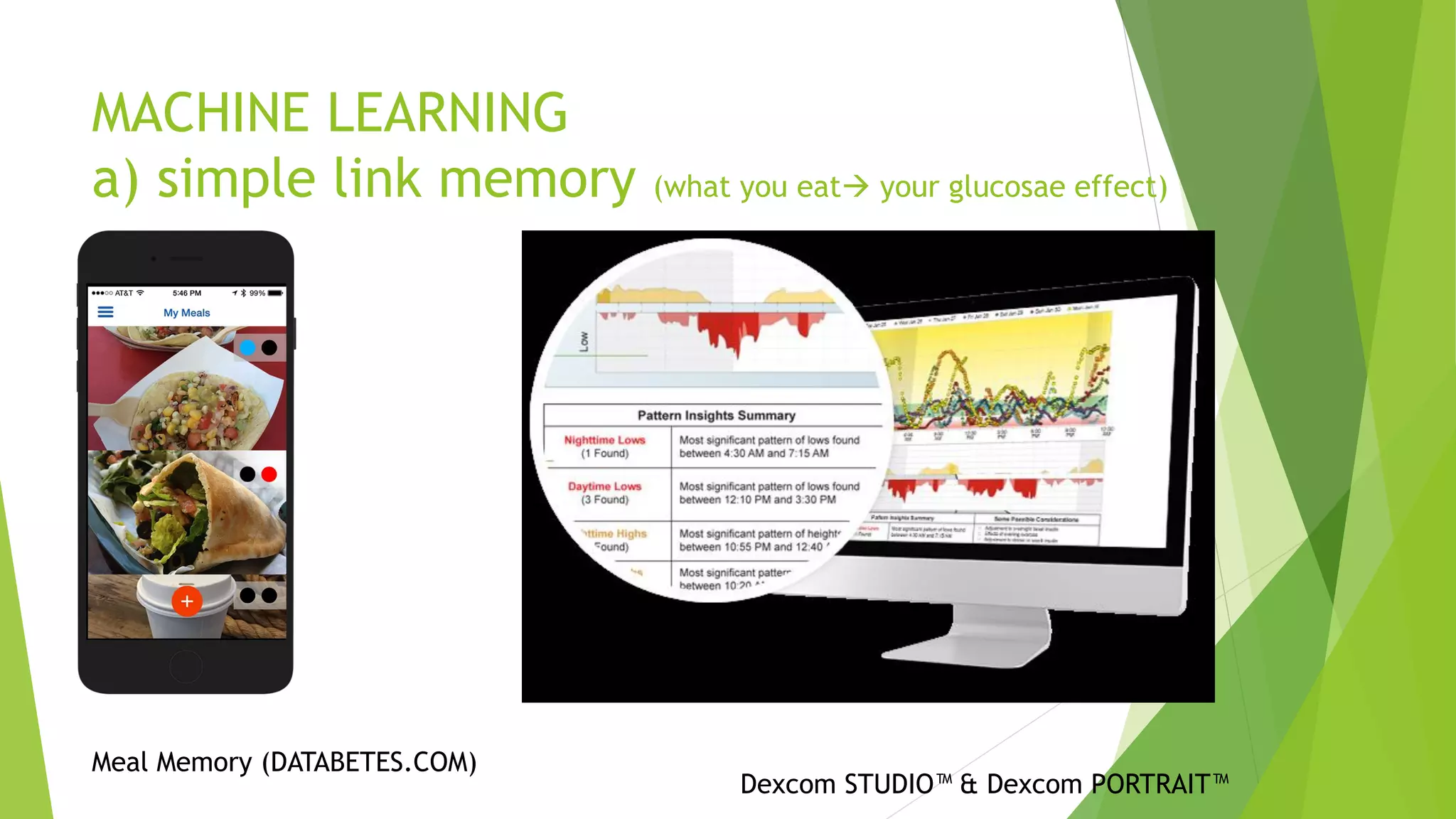 MACHINE LEARNING
a) simple link memory (what you eat your glucosae effect)
Meal Memory (DATABETES.COM)
Dexcom STUDIO™ & Dexcom PORTRAIT™
 
