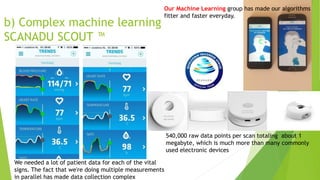 b) Complex machine learning
SCANADU SCOUT ™
Our Machine Learning group has made our algorithms
fitter and faster everyday.
We needed a lot of patient data for each of the vital
signs. The fact that we're doing multiple measurements
in parallel has made data collection complex
540,000 raw data points per scan totaling about 1
megabyte, which is much more than many commonly
used electronic devices
 