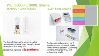 PoC: BLOOD & URINE @home
SCANFLO™ Urine Analysis CUE™ blood analysis
The first of these is the urinalysis called
Scanaflo which is due to go through clinical
trials and FDA in early 2015
Collect vital sign data Scanathons
The lab tests inflammation via C-
reactive protein, vitamin D levels,
female fertility based on Luteinizing
hormone, influenza virus, and
testosterone levels.
 