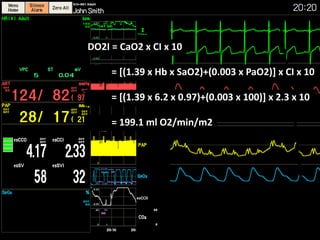 = [(1.39 x Hb x SaO2)+(0.003 x PaO2)] x CI x 10
= [(1.39 x 6.2 x 0.97)+(0.003 x 100)] x 2.3 x 10
= 199.1 ml O2/min/m2
DO2I = CaO2 x CI x 10
 