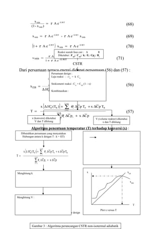 x MB
                           = τ A e - E/RT                                                                            (68)
               (1 - x MB )


               x MB = τ A e - E/RT - τ A e - E/RT x MB                                                               (69)

               (1 + τ                              )
                                    A e - E/RT x MB = τ A e - E/RT                                                   (70)
                                                Reaksi searah fasa cair : A       R
                                           τ Ae          Diketahui
                                                          : FA0; CA0; k; E; Cpi; Hi
                                                       - E/RT
               x MB =
                                         1 + τ A e - E/RT
                                                                                                            (71)
                                                                         CSTR
 Dari persamaan neraca energi didapat persamaan (56) dan (57) :
                                       Persamaan design :
                                       Laju reaksi : - rA = k CA
                                   i=n
                                     ∑ θi ∆C preaksi :T0 )= C (1 – x)
                                                    (T -
             x EB =
                                       Stokiometri
                                    i =1
                                                           CA    A0                                                  (56)
                                    o
                                ∆ H R (TR ) + ∆C:p (T - TR )
                                       Kombinasikan




                                    [                    ] ∑θ
                                                                  i =n
                             x ∆ H o (TR ) +
                                   R                                     i   ∆C p T0 + x ∆C p TR
             T =                                       i =n
                                                                  i =1
                                                                                                                     (57)
               x (konversi) diketahui
                                                       ∑θ
                                                       i =1
                                                              i   ∆C p i + x ∆C p
                                                                                          V (volume reaktor) diketahui
                  V dan T dihitung                                                              x dan T dihitung

              Algoritma penentuan temperatur (T) terhadap konversi (x) :
     Dibutuhkan persamaan yang menyatakan
      Hubungan antara k dengan T : k = f(T)




        [           ] ∑
                             i= n
       x ∆ H o (TR ) +
             R                          θ i ∆ C p T0 + x ∆ C p TR
T=                i= n
                             i=1


                  ∑θ
                  i=1
                         i   ∆ Cpi + x ∆ Cp



Menghitung k                                                                        x                                    xEB


                                                                                                                           xMB




Menghitung V :

                                                                                                                               T
                                                                                              Plot x versus T
 Mining Harsanti, TRK 2, Non-isothermal reactor design                                                                         14



               Gambar 3 : Algoritma perancangan CSTR non-isotermal adiabatik
 