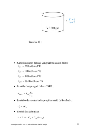 T =?
                                                                  x=?

                                                    V = 300 gal




                          Gambar 10 :




    • Kapasitas panas dari zat yang terlibat dalam reaksi :
         C p,A = 35 Btu/(lb.mol o F)

         C p, B = 18 Btu/(lb.mol o F)

         Cp, C = 46 Btu/(lb.mol o F)

         Cp, M = 19,5 Btu/(lb.mol o F)

    • Reksi berlangsung di dalam CSTR :

                           xA
         VCSTR = FA0          '
                           - rA

    • Reaksi orde satu terhadap propilen oksid ( diketahui) :

         - rA = k C A
            '



    • Reaksi fasa cair maka :

         ε = 0 → C A = C A0 (1 - x A )

Mining Harsanti, TRK 2, Non-isothermal reactor design                    22
 