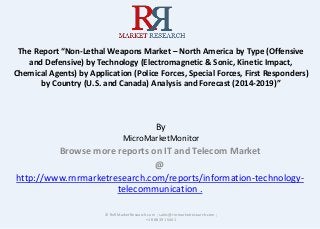 The Report “Non-Lethal Weapons Market – North America by Type (Offensive
and Defensive) by Technology (Electromagnetic & Sonic, Kinetic Impact,
Chemical Agents) by Application (Police Forces, Special Forces, First Responders)
by Country (U.S. and Canada) Analysis and Forecast (2014-2019)”
By
MicroMarketMonitor
Browse more reports on IT and Telecom Market
@
http://www.rnrmarketresearch.com/reports/information-technology-
telecommunication .
© RnRMarketResearch.com ; sales@rnrmarketresearch.com ;
+1 888 391 5441
 