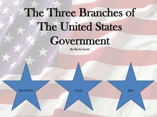 The Three Branches of
      The United States
        Government
               By: Rachel Smith




Introduction      Lesson          Quiz
 