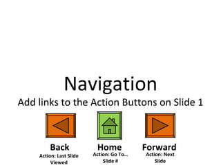 Navigation Add links to the Action Buttons on Slide 1 Back Forward Home Action: Last Slide Viewed Action: Go To…Slide # Action: Next Slide 