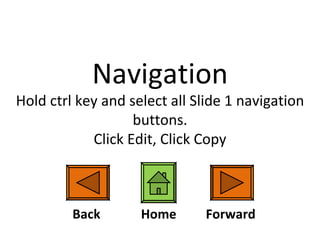 Navigation Hold ctrl key and select all Slide 1 navigation buttons. Click Edit, Click Copy Back Forward Home 