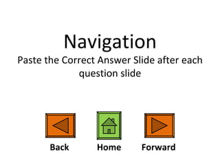 Navigation Paste the Correct Answer Slide after each question slide Back Forward Home 