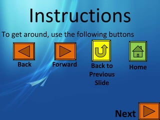 Instructions To get around, use the following buttons Next Back Forward Back to Previous Slide Home 