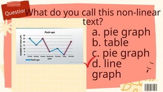 Question
What do you call this non-linear
text?
a. pie graph
b. table
c. pie graph
d. line
graph
 
