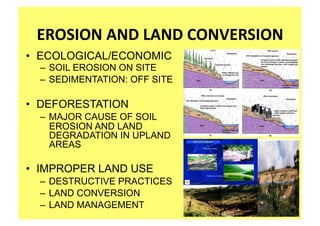 EROSION AND LAND CONVERSION 
•  ECOLOGICAL/ECONOMIC
  –  SOIL EROSION ON SITE
  –  SEDIMENTATION: OFF SITE

•  DEFORESTATION
  –  MAJOR CAUSE OF SOIL
     EROSION AND LAND
     DEGRADATION IN UPLAND
     AREAS

•  IMPROPER LAND USE
  –  DESTRUCTIVE PRACTICES
  –  LAND CONVERSION
  –  LAND MANAGEMENT 
 
